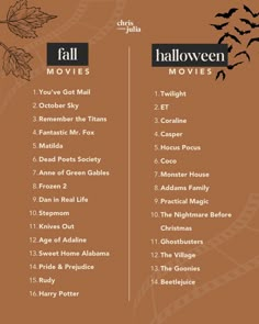 the halloween movies list is shown in this graphic style, with bats and leaves on it