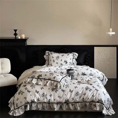 Black & White Butterfly French Ruffle Bedding Set Medium / Fitted Victorian Inspired Bedroom, French Bedding, Tufted Bedding, Black White Butterfly, French Style Bedroom, Black Butterflies, Plaid Bedding, White Bed Frame, Stylish Bedding