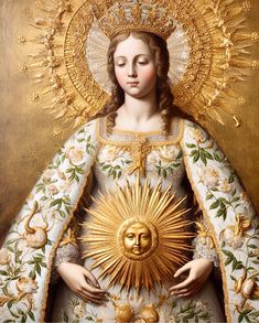 an ornate painting of the virgin mary holding a golden sun in her hands with gold accents