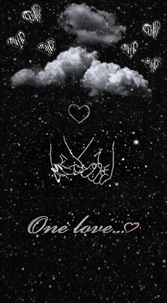 two hands holding each other in the sky with hearts and clouds above them on a black background