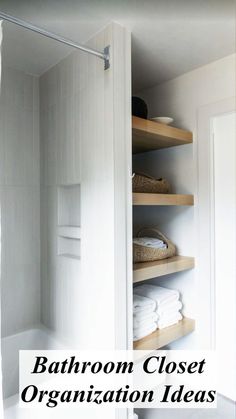 bathroom closet organization ideas with white walls and shelving in the corner, including towels