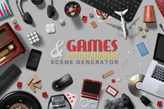 an assortment of games and entertainment items on a gray background with the title'game & entertainment scene generator '