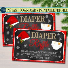 two christmas themed diaper raffle coupons with santa hats on them