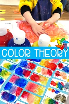 a young boy is painting with watercolors and the words color theory on it