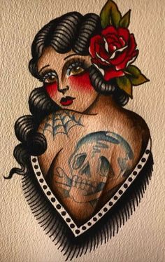 a woman with tattoos and a rose on her shoulder is depicted in this tattoo design