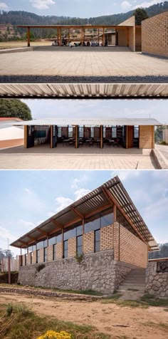 three different views of the outside of a building with stone walls and wooden roofing