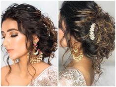 two pictures of a woman with curly hair and earrings on her head, one is wearing gold