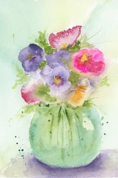 watercolor painting of flowers in a green vase on a white surface with blue and pink colors