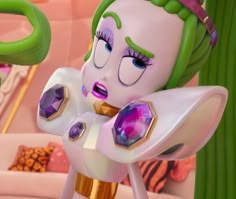 an animated character with green hair and purple eyes, wearing a tiara while standing in front of a couch