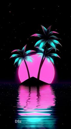 two palm trees are reflected in the water on a black background with pink and blue colors