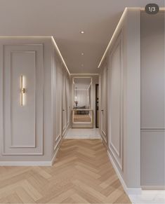 an empty hallway with white walls and wood flooring is seen in this rendering image