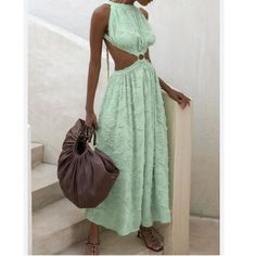 Akalia Green Textured Open Back Midi Dress Size Medium New With Tags N1037 Summer Beach Dresses, Open Back Midi Dress, Dresses Off Shoulder, Boho Dresses Long, Beach Dresses Summer, Vacation Dress, Belted Midi Dress, Women Maxi, Vacation Dresses