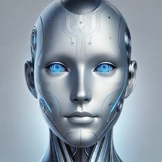 a robot with blue eyes is looking at the camera