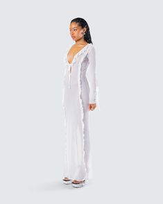 Be like a breath of fresh air in this white maxi dress 🤍 Made from soft mesh fabric and complete with a tie and cut-out front, ruffle details, and flared sleeves with ties - this look will have everyone swooning over your energy 🤭 White Mesh Dress, Black Off Shoulder, Mesh Maxi Dress, White Maxi, White Mesh, White Jersey, White Maxi Dresses, White Mini Dress, Flared Sleeves