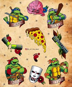 teenage mutant tattoos on an old parchment paper with the turtles eating pizza and drinking beer