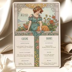 a menu with an image of a woman sitting on top of a cross and flowers in the background