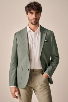 Main 85% Polyester, 15% Viscose. Lining 100% Recycled polyester. Casual Men Suits For Wedding, Blazers Outfits Mens, Smart Casual Look For Men, Green Blazer Casual Outfit, Summer Formal Men Wedding, Mens Green Blazer Outfits, Men Casual Blazer Outfit, Green Blazer Outfit Men Wedding, Day Wedding Outfit Guest Men