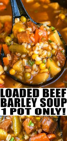 two pictures showing different types of food in the same bowl, one is cooked beef barley soup and the other is pot only