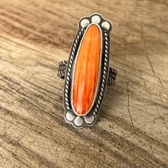 Orange Spiny Oyster Long Oval Ring, Size 7 – Sangria Silver Designs Unique Oval Orange Jewelry, Spiny Oyster Ring, Oyster Turquoise Ring, Orange Oval Sterling Silver Ring, Orange Oval Sterling Silver Jewelry, Spiny Oyster Jewelry Native American, Purple Spiny Oyster Jewelry, Silver Smithing, Western Accessories