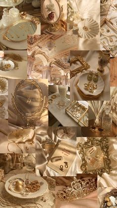 the collage shows many different types of gold and white items, including plates, napkins, and jewelry