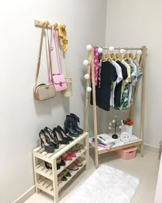 there is a rack with shoes and purses on it