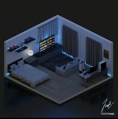 a bedroom is lit up with blue lights