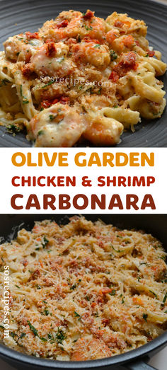 an image of chicken and shrimp casserole in a skillet with text overlay