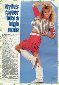 a woman in a red skirt and boots posing for a magazine ad with the caption kyffies career hits a high note