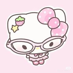 an image of a hello kitty with glasses and a bow on her head in pink