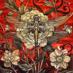 a painting of a dragonfly sitting on top of flowers