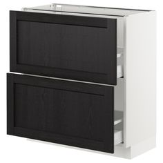 a black and white cabinet with two doors on each side, one door open to reveal the bottom drawer