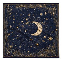 a blue and gold scarf with stars and the moon in the sky on top of it