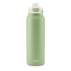 a green water bottle with a white lid and the word cleo written on it