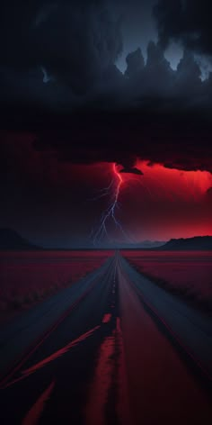 a red and black photo of a lightning bolt in the sky over an empty road