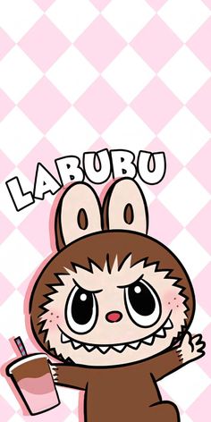 a cartoon bunny holding a drink in its hand with the words larubu on it