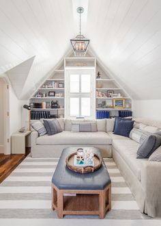 a living room filled with furniture and bookshelves on top of it's walls