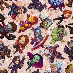 an image of avengers and other cartoon characters on a pink background with hearts around them