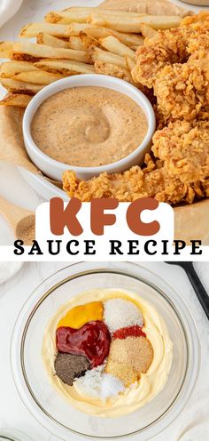 two pictures with the words kfc sauce recipe on them and an image of fried food