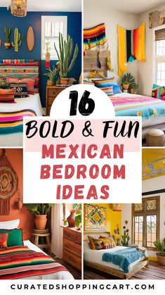 colorful mexican bedroom decor with text overlay that says bold and fun mexican bedroom ideas