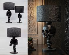 three different views of a skull lamp and the same one with a black shade on it