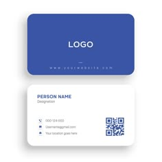 a business card with a qr code on the front and bottom, in blue