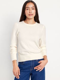 crew neck long sleeves pullover style relaxed fit hits at waist models are approx.  5'9" and wear sizes s (4), l (12), and xl (18)machine wash according to the care instruction label  . Best Holiday gift for Women , perfect Sweaters for Christmas! White Long Sleeve Sweater, Women's Cardigans, Textured Knit Sweater, Sweater White, Cardigan Sweaters For Women, White Sweater, Old Navy Women, Outerwear Sweater, White Sweaters