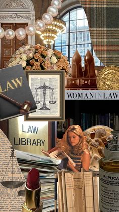 collage of law related images including books, flowers, and perfume bottles with the words woman in law written on them