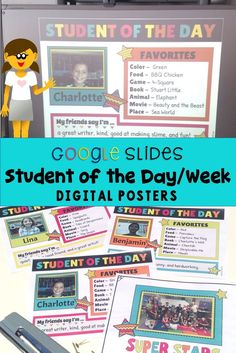 the student's poster is displayed in front of a computer screen with text that reads google slides student of the day / week digital posters