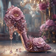 AI art  of a beautiful high heel created by me. A lavishly decorated high-heeled shoe is adorned with large pink flowers, beads, and dripping crystals, evoking a sense of luxury and fantasy.  It is set against a blurred background of a grand, opulent room with chandeliers and floral arrangements, enhancing the shoe's magical and dreamlike quality. Beautiful stiletto high heel art print by Glenda Stevens.    Our art prints are produced on acid-free papers using archival inks to guarantee that they last a lifetime without fading or loss of color.  All art prints include a 1" white border around the image to allow for future framing and matting, if desired. Ships within 3-5 business days. Fantasy Heels, Disney Princess Shoes, Fairytale Shoes, Artsy Clothes, Whimsical Shoes, Fantasy Shoes, Floral High Heels, Futuristic Shoes, Fairy Shoes