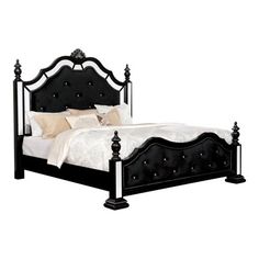 Include this daring piece when designing your home decor for a glamorous twist on a traditional appearance. Upholstered in a black fabric and accented with acrylic diamond tufting, the headboard and footboard of this elegant California king bed create a glamorous twist on the traditional frame. Four uniquely turned posts outline the corners of the wood California king bed and brighten the mirror panels that line the posts. Features: EASY ASSEMBLY - Comes prepacked and delivered right to your fro Black Queen Bed, Black Homes, California King Platform Bed, King Poster Bed, Tufted Platform Bed, Adult Bed, Eastern King Bed, Galaxy Black, Homes Inside