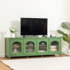 a flat screen tv sitting on top of a green entertainment center next to a potted plant