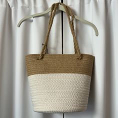 Target Storage Basket Tote Bag Medium Size Straw Bag With Rope Handles Neutral Tan And White Beach Tote Bag Two Tone Basket Bag Beachy Straw Basket 10" H X 9" W X 9" D New With Tag #Businessattire #Officewear #Backtowork #Interviewclothes #Businesscasual #Minimalist #Oldmoney #Newmoney #Retro #Y2k #Barbiecore #Balletcore #Cottagecore #Vintage #Fairycore #Academia #Kawaii #Grunge #Goth #Pastel #Mermaidcore #Kidcore #Madewell #Princesspolly #Darkacademia #90s #2000s #70s #Preppy #2000style #Strawb Casual White Rectangular Crochet Bag, Casual White Crochet Rectangular Bag, Trendy White Large Capacity Beach Bag, Trendy Large Capacity White Beach Bag, Spring White Beach Bag With Large Capacity, White Rectangular Straw Bag Casual, Large Capacity White Beach Bag For Spring, White Rectangular Casual Straw Bag, Casual White Rectangular Straw Bag