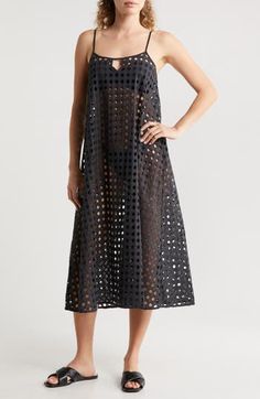 Bold eyelet details lend a sheer effect to this effortless cover-up dress cut in a relaxed midi-length silhouette. Slips on over head Scoop neck Adjustable straps Unlined 100% cotton Hand wash, dry flat Imported Solid & Striped, Dress Cuts, Cover Up Dress, Contrast Trim, Nordstrom Dresses, Midi Length, Scoop Neck, Adjustable Straps, Cover Up