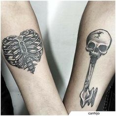 two people with tattoos on their arms and one has a skeleton holding a wrench